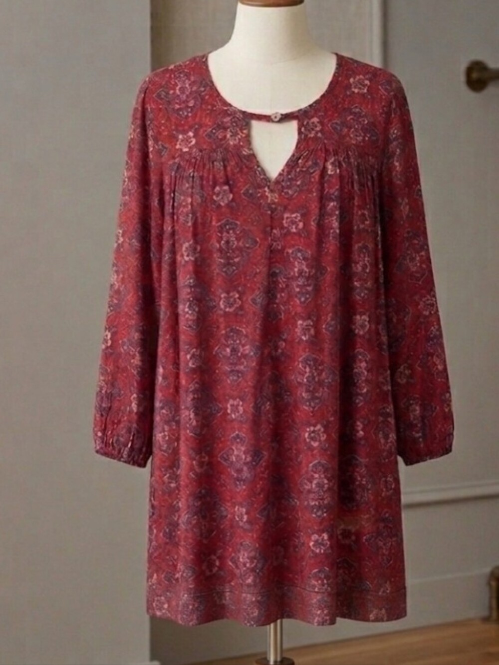 American Eagle Red Paisley Boho Floral Long Sleeve Mini Dress - Size Large
